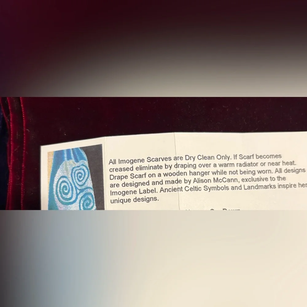 NWOT Imogene Velvet Scarf Handmade Ireland Celtic Spiral Burgundy
